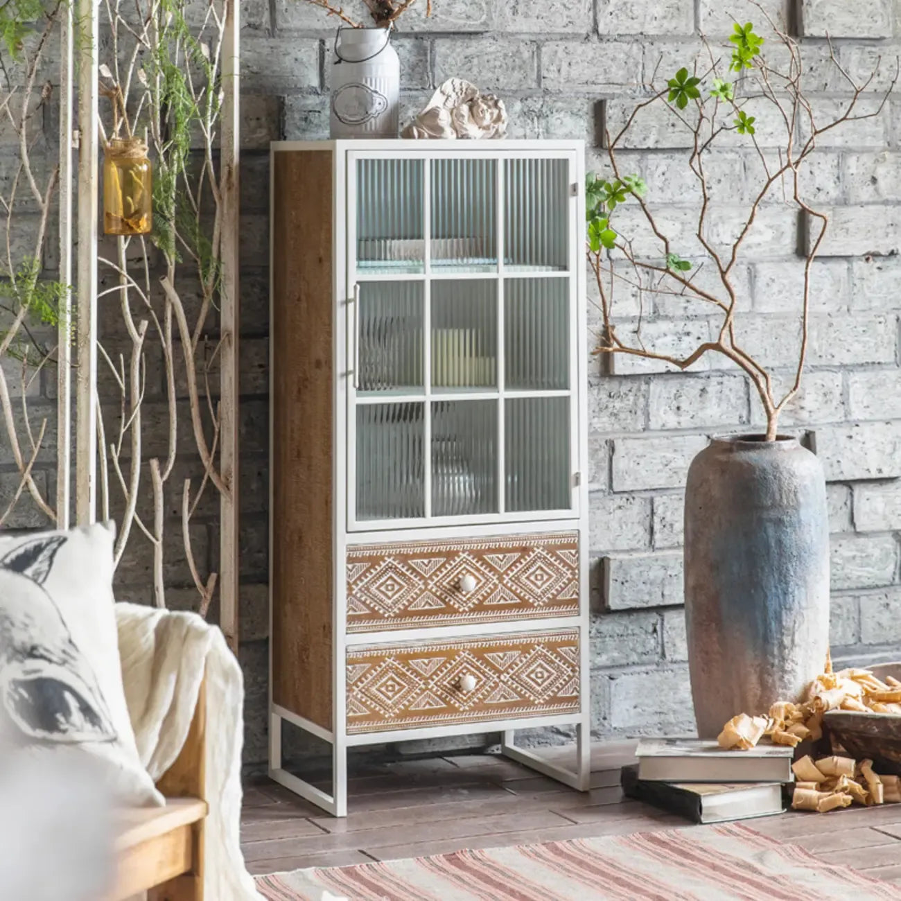 Bohemian White Accent Cabinet with Glass Door & Drawers