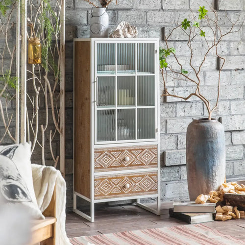 Bohemian White Accent Cabinet with Glass Door & Drawers