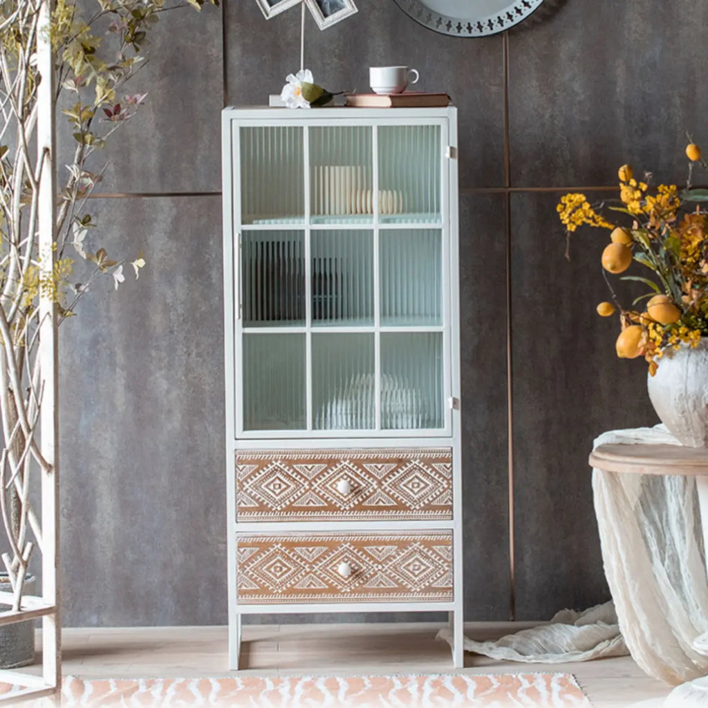 Bohemian White Accent Cabinet with Glass Door & Drawers
