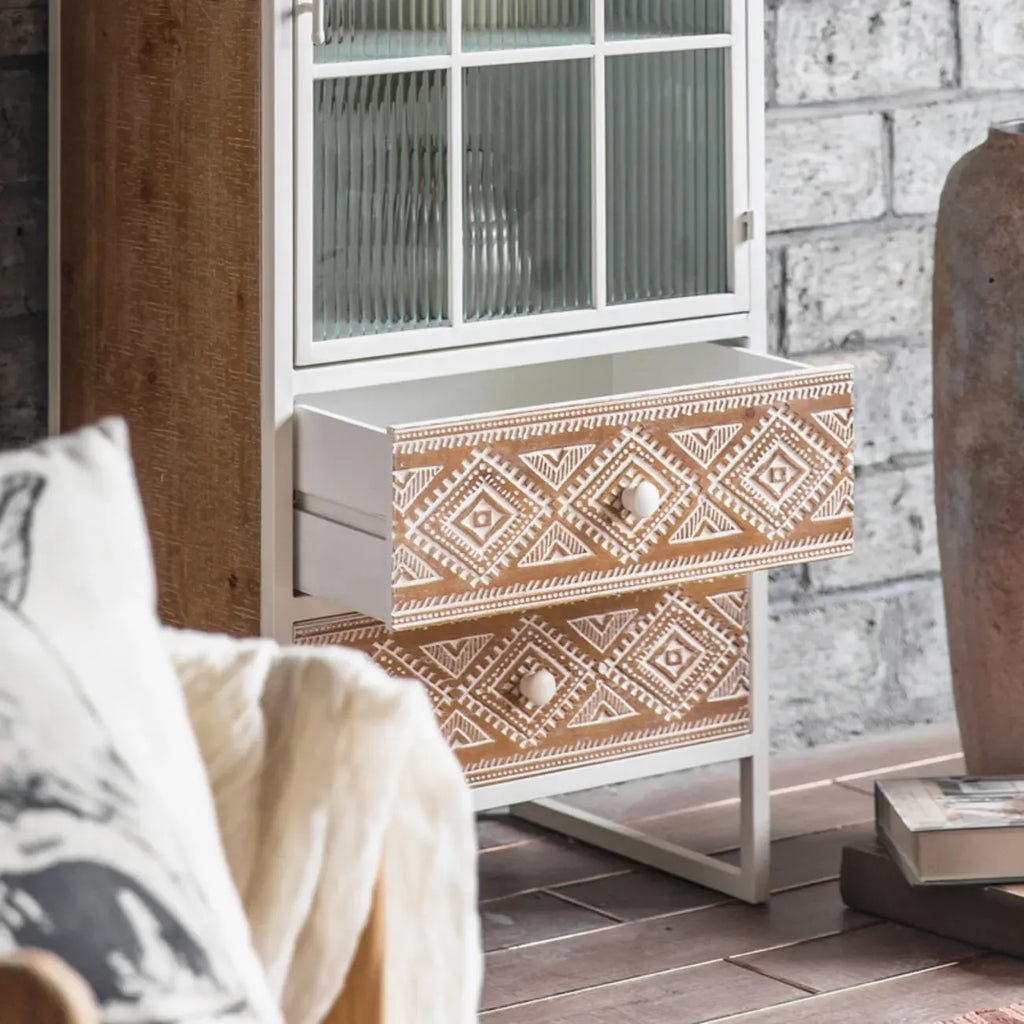 Bohemian White Accent Cabinet with Glass Door & Drawers