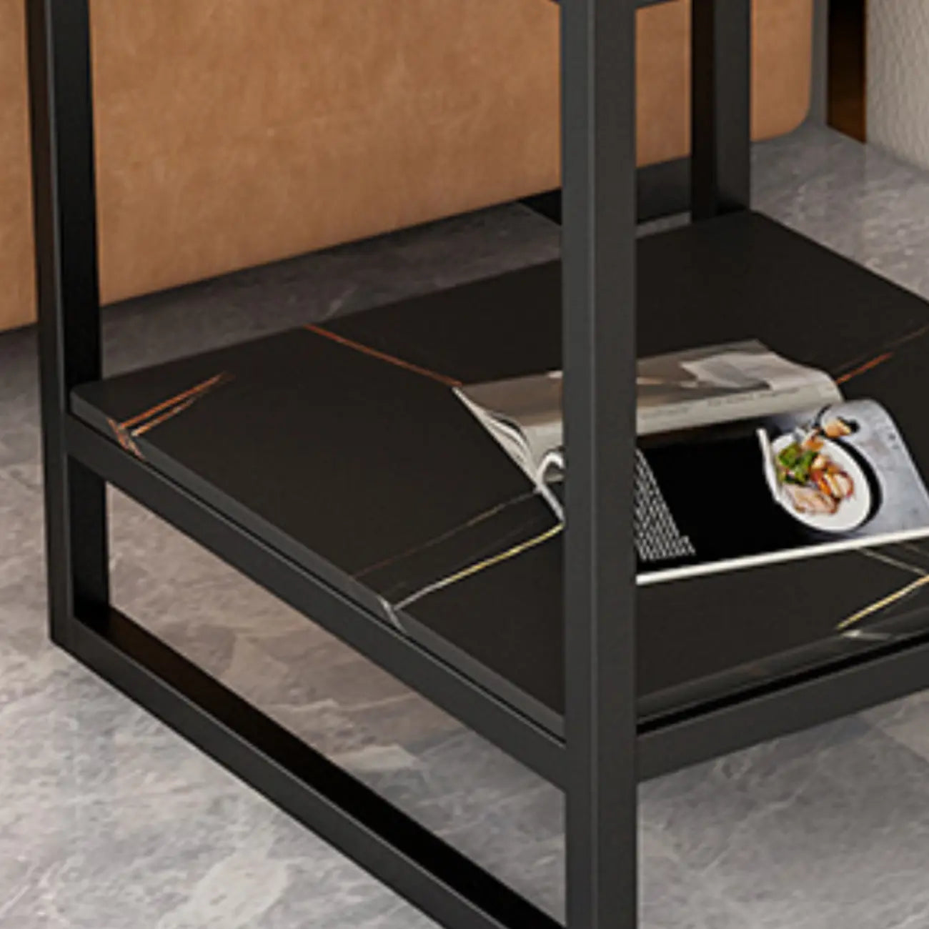 Glam Black Marble Side Table with Storage for Living Room