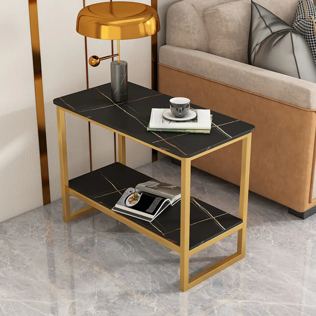 Glam Black Marble Side Table with Storage for Living Room
