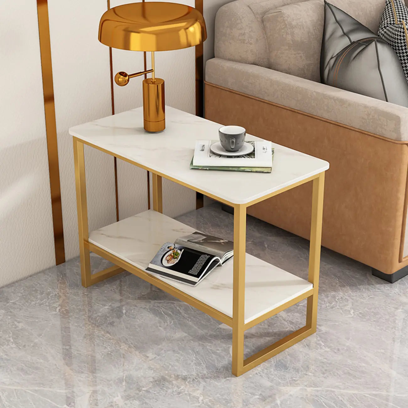 Glam Black Marble Side Table with Storage for Living Room