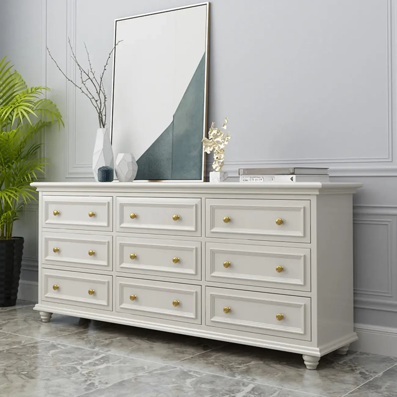Glam Premium Wood White Bachelor Chest with Gold Handle