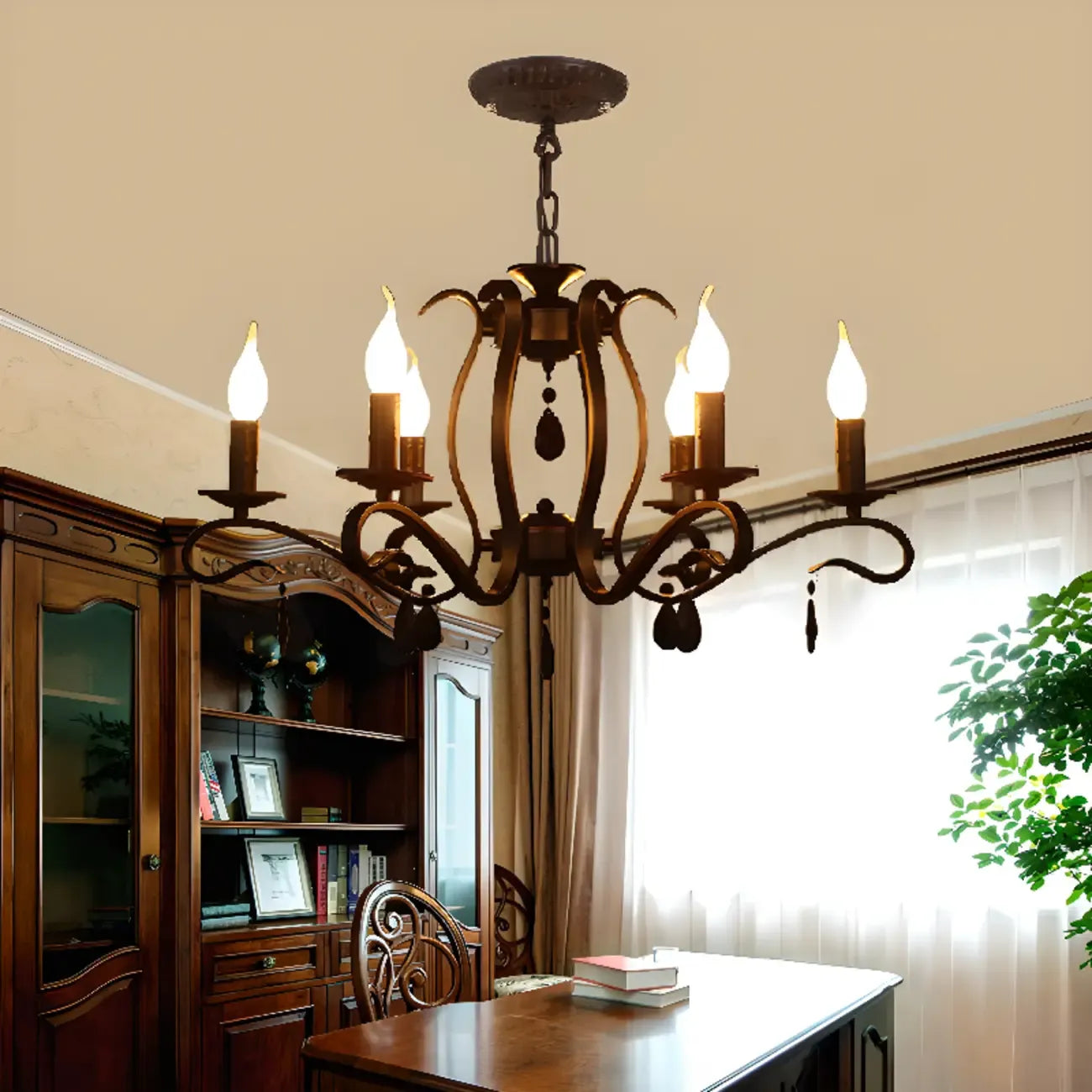 Vintage 6 Lights Black Pendant Chandelier with Candle Design