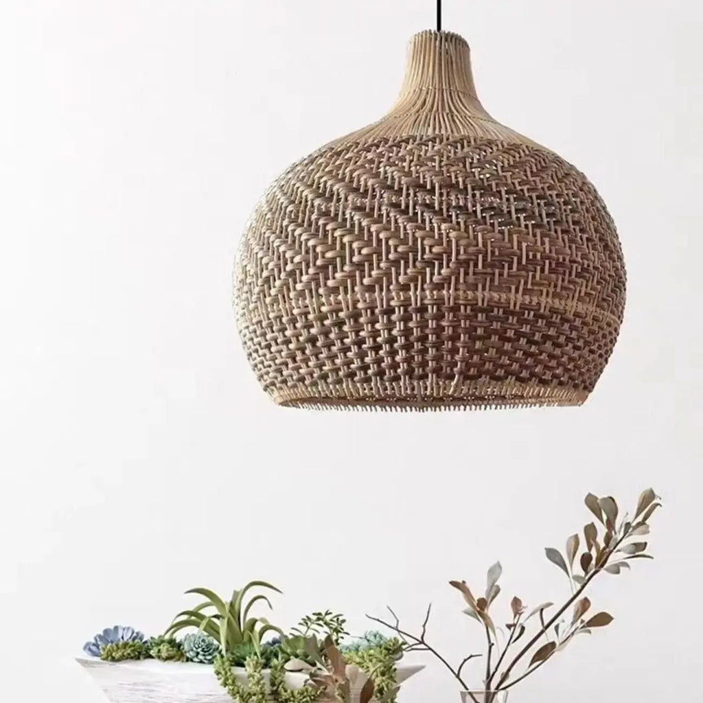 Wabi-Sabi Style Rattan Lantern LED Pendant Lamp for Living Room