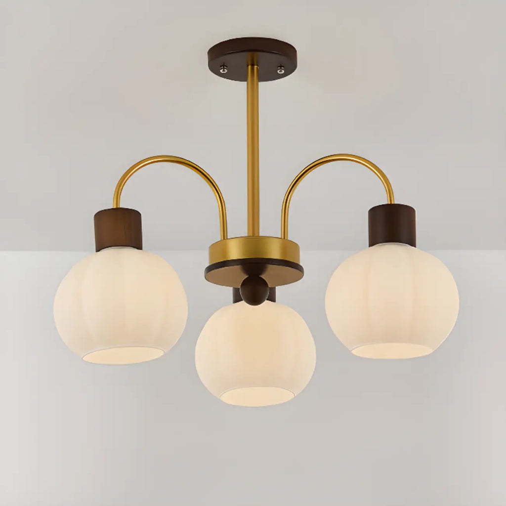 Gold Arch Wood Accent White Glass Orb Chandelier