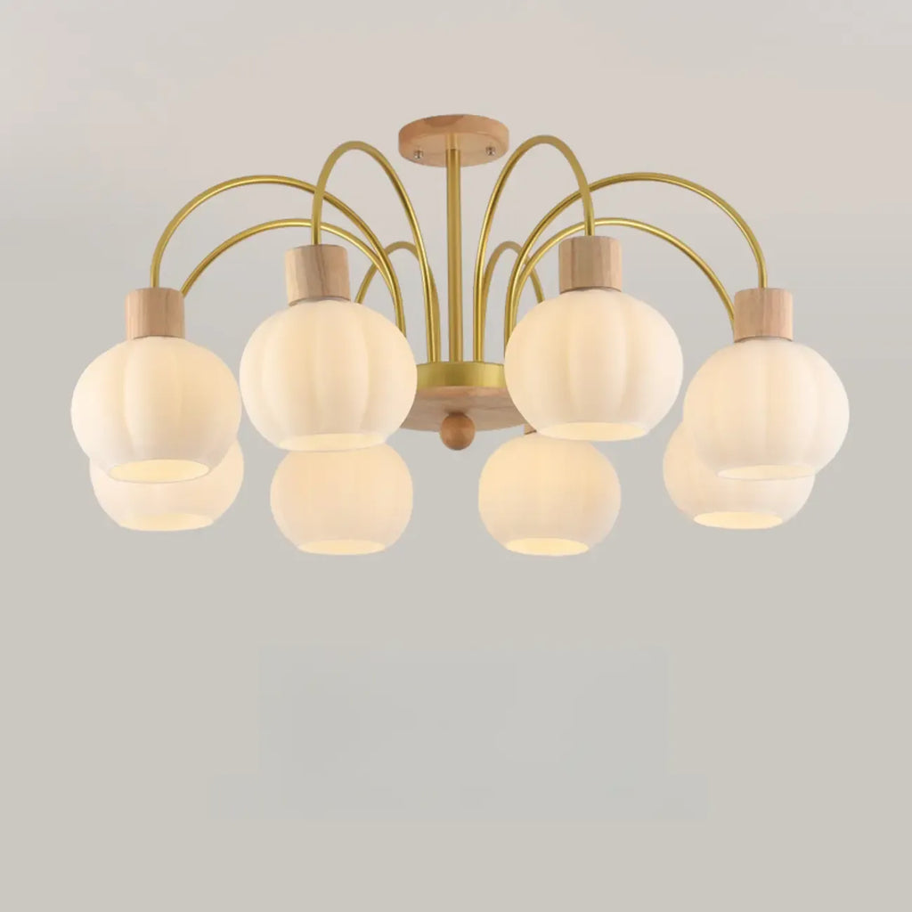 Gold Arch Wood Accent White Glass Orb Chandelier