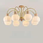 Gold Arch Wood Accent White Glass Orb Chandelier