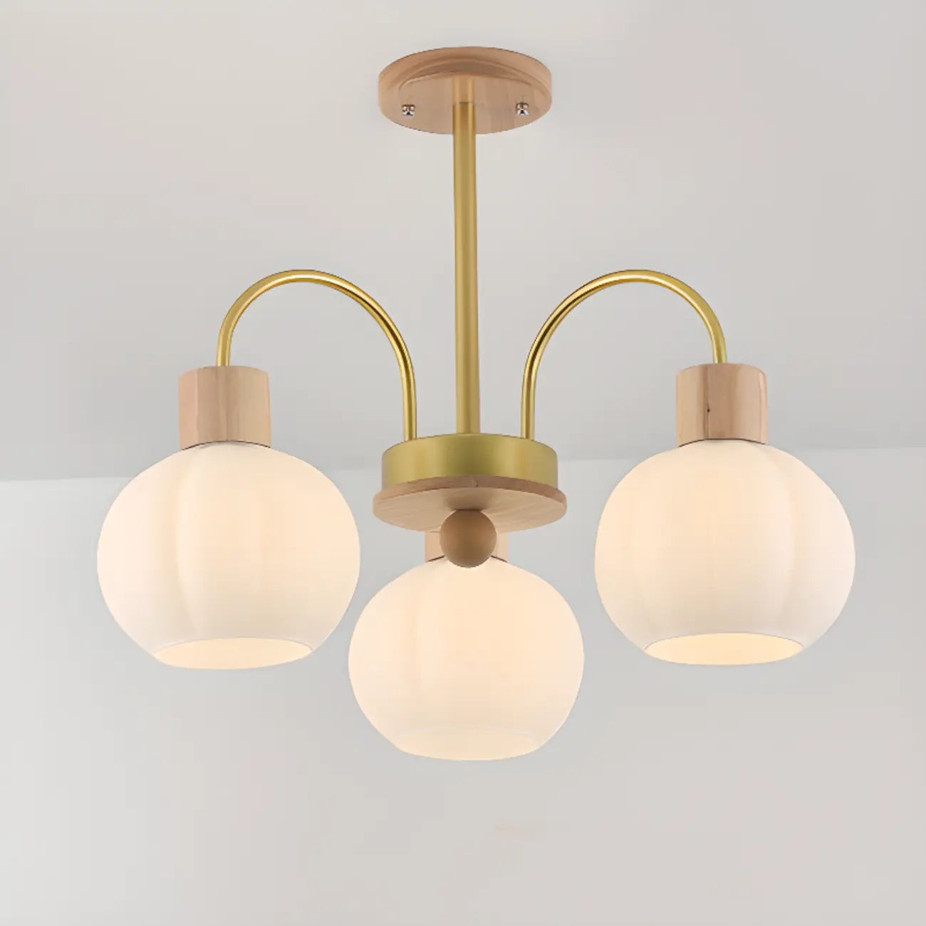 Gold Arch Wood Accent White Glass Orb Chandelier