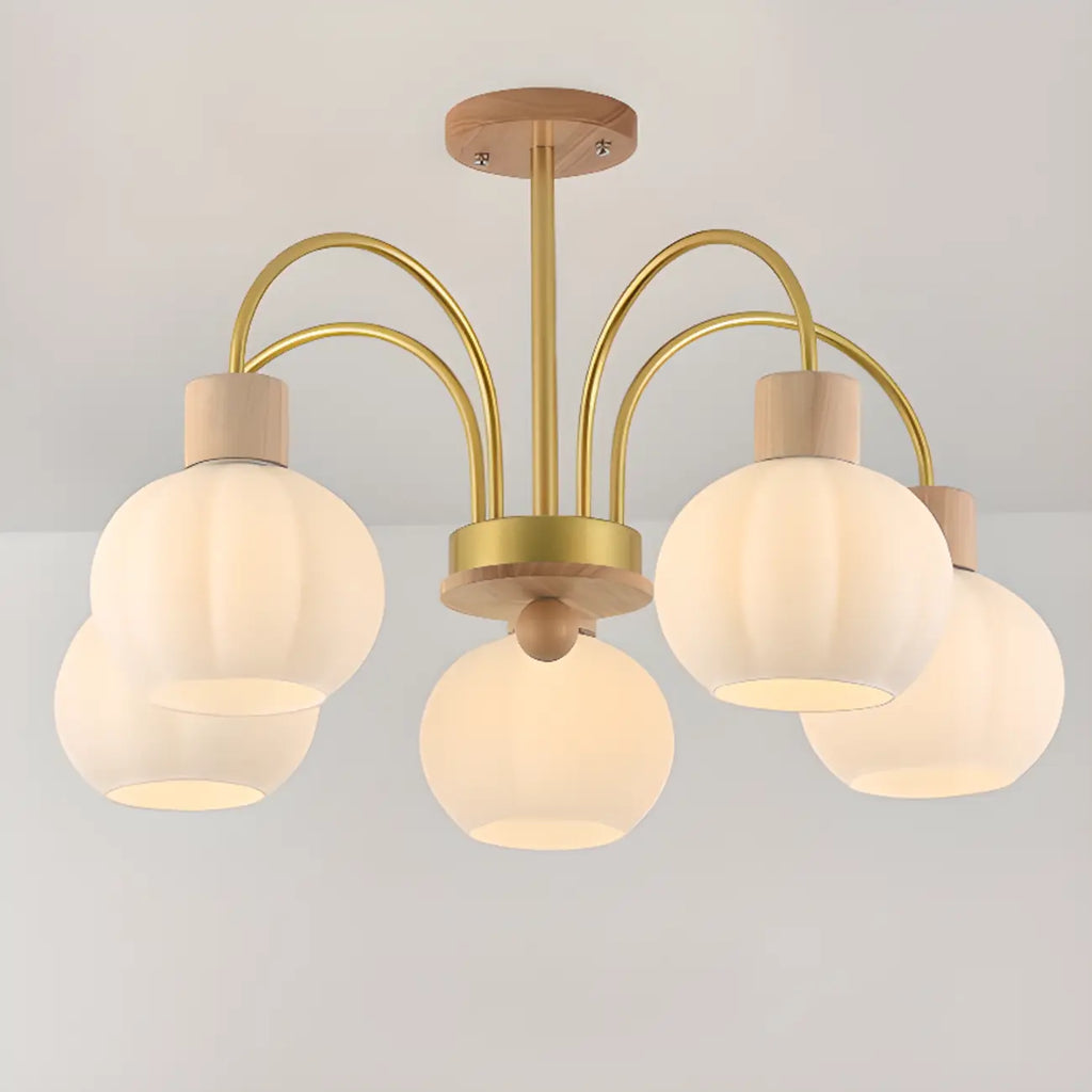 Gold Arch Wood Accent White Glass Orb Chandelier