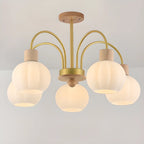 Gold Arch Wood Accent White Glass Orb Chandelier