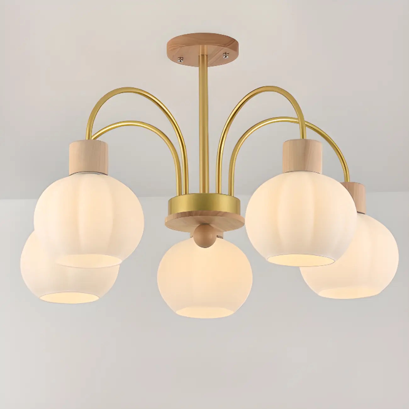 Gold Arch Wood Accent White Glass Orb Chandelier