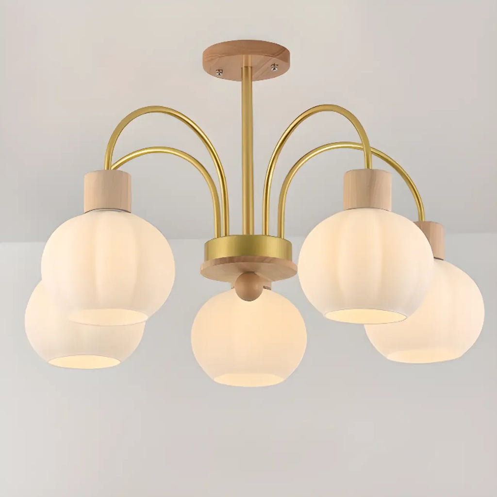 Gold Arch Wood Accent White Glass Orb Chandelier