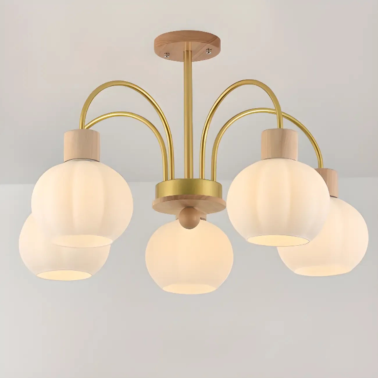 Gold Arch Wood Accent White Glass Orb Chandelier