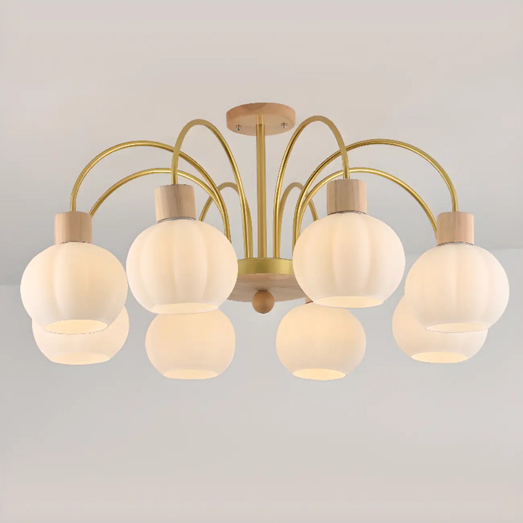 Gold Arch Wood Accent White Glass Orb Chandelier