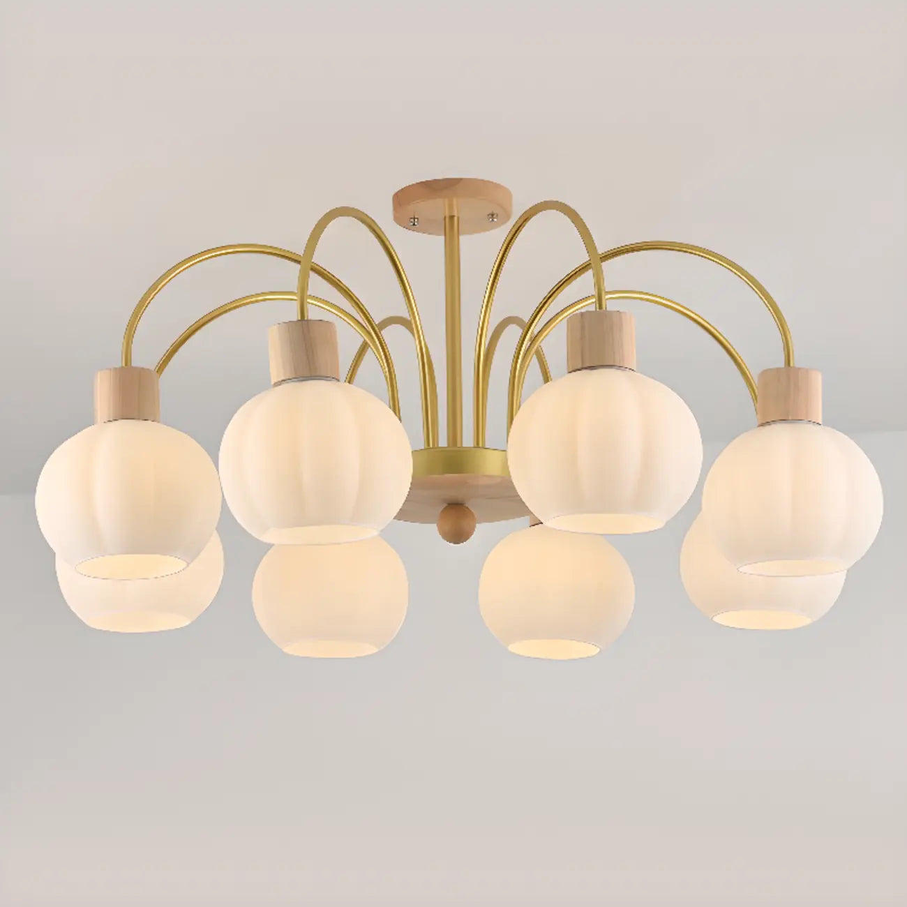 Gold Arch Wood Accent White Glass Orb Chandelier