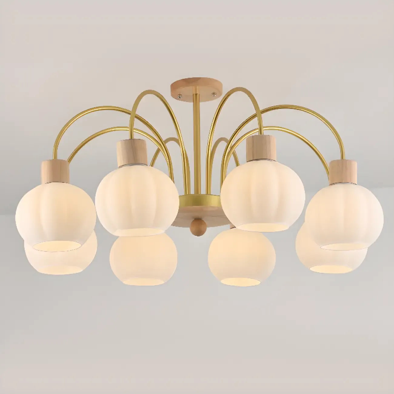 Gold Arch Wood Accent White Glass Orb Chandelier