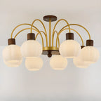Gold Arch Wood Accent White Glass Orb Chandelier