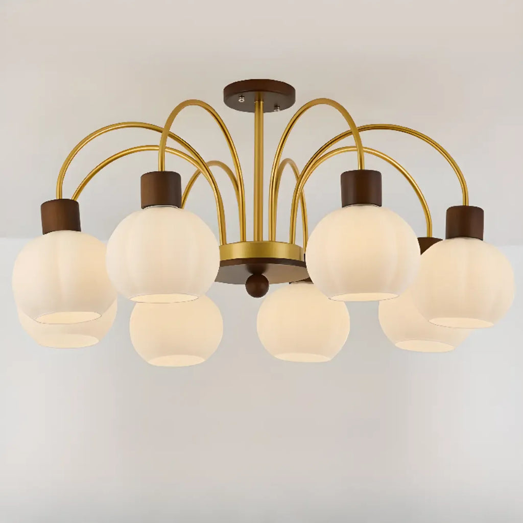 Gold Arch Wood Accent White Glass Orb Chandelier