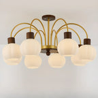 Gold Arch Wood Accent White Glass Orb Chandelier