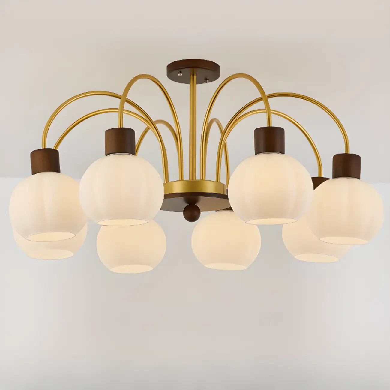 Gold Arch Wood Accent White Glass Orb Chandelier