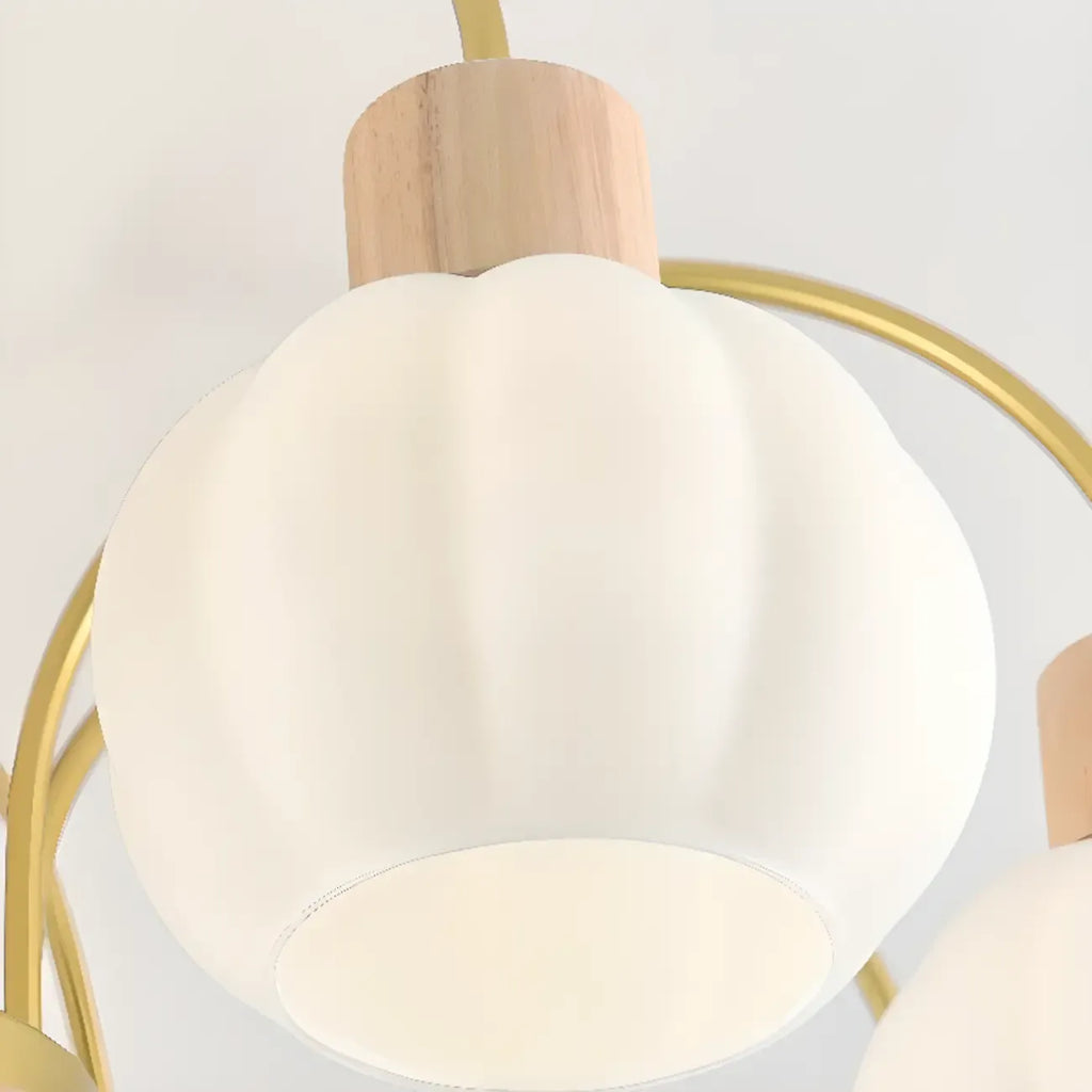 Gold Arch Wood Accent White Glass Orb Chandelier