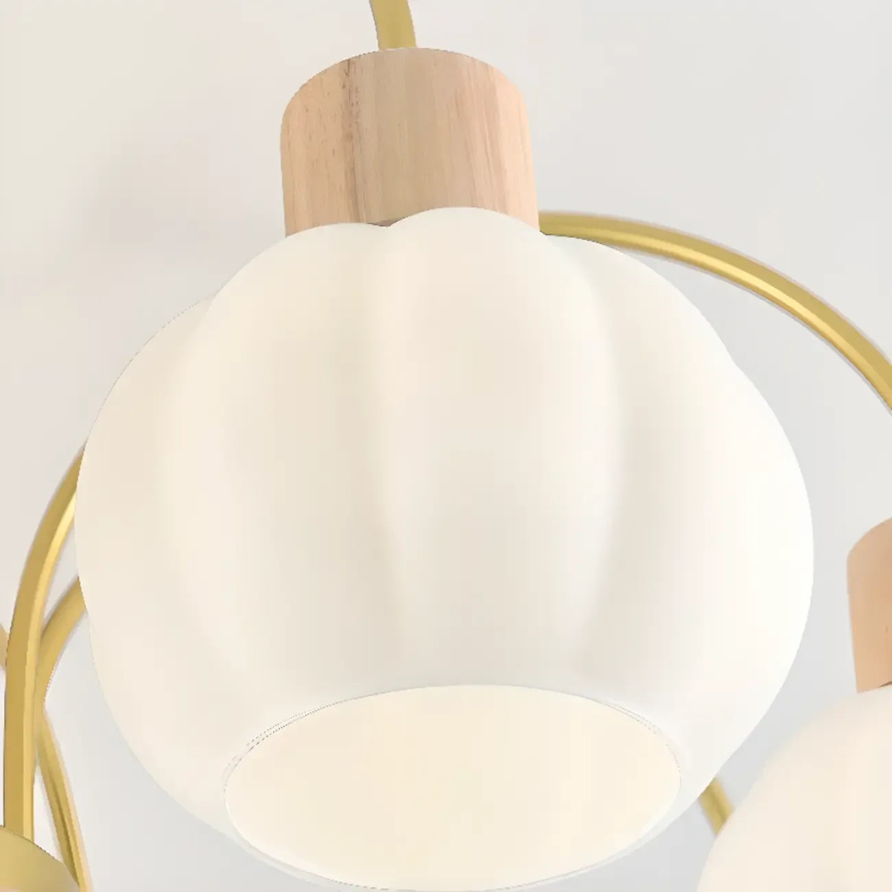 Gold Arch Wood Accent White Glass Orb Chandelier