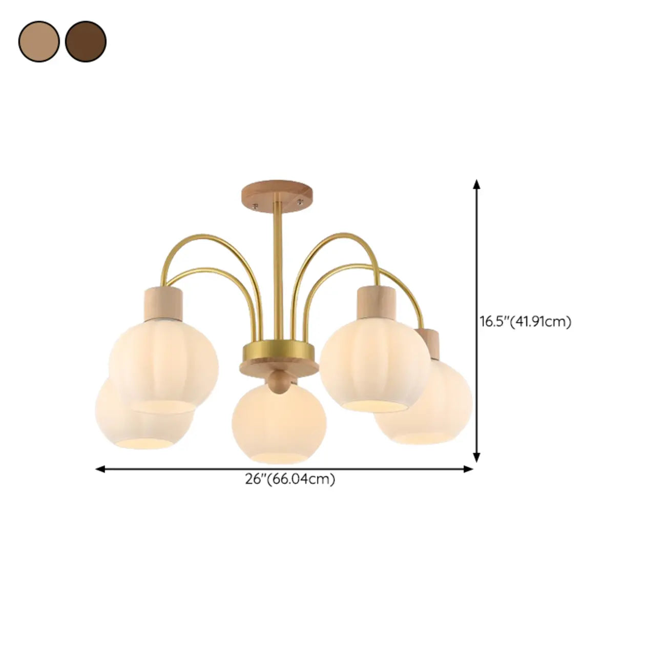 Gold Arch Wood Accent White Glass Orb Chandelier