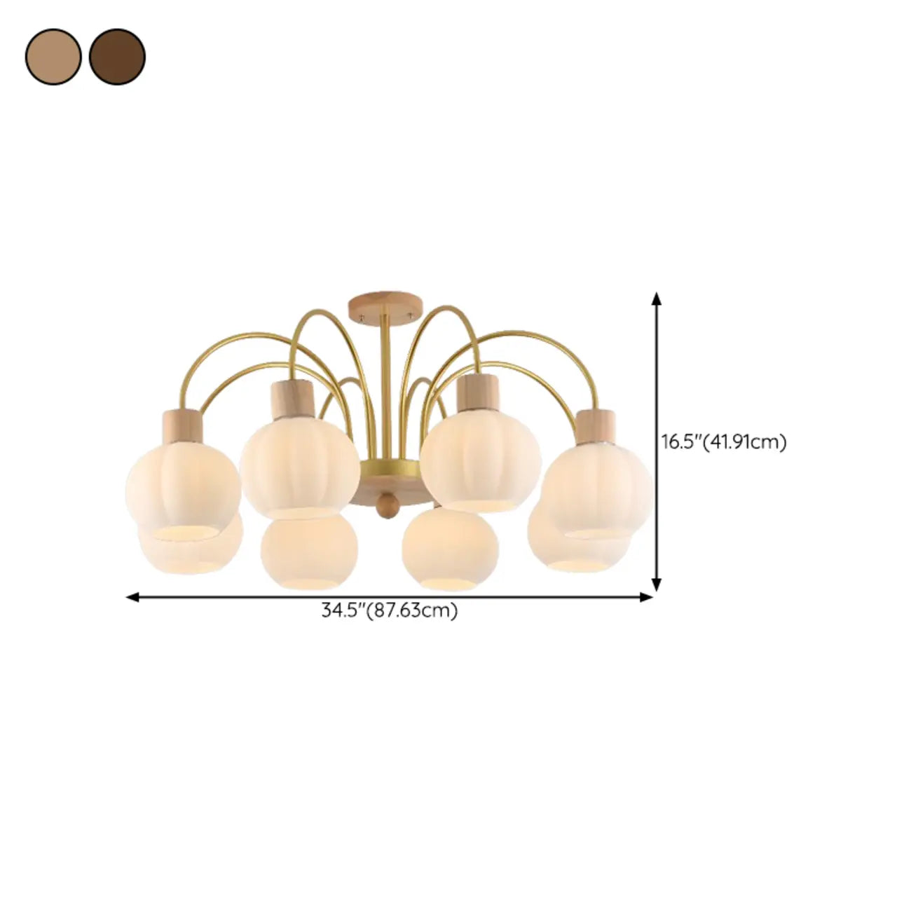 Gold Arch Wood Accent White Glass Orb Chandelier
