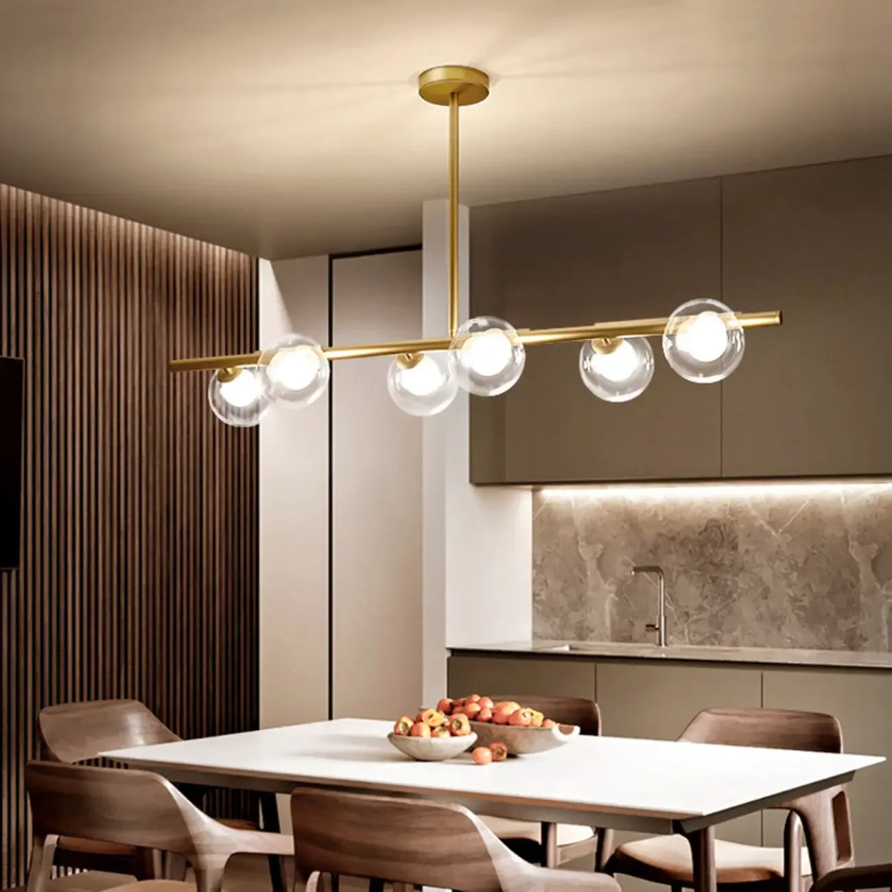 Gold Linear Island Light with 6 Lights Transparent Glass Globe Shades
