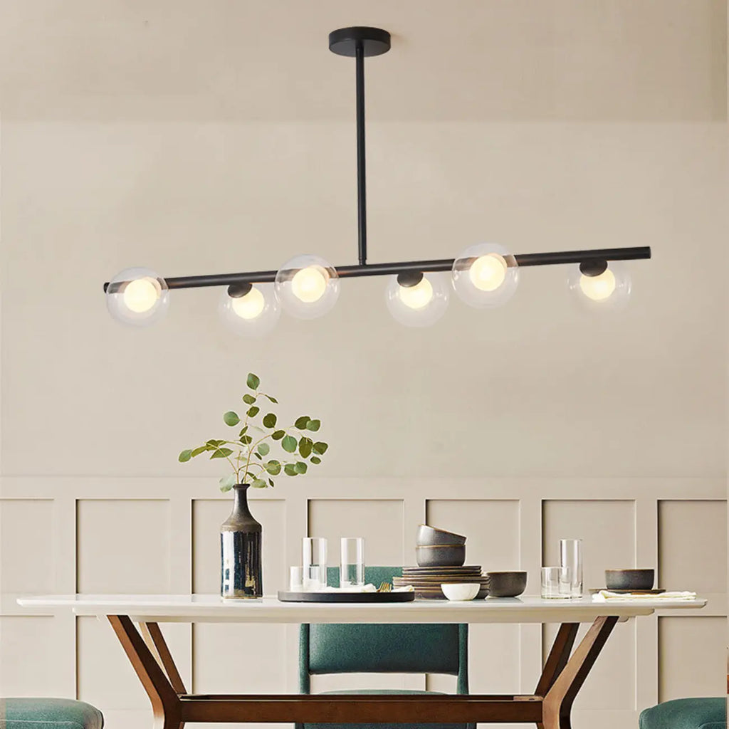 Gold Linear Island Light with 6 Lights Transparent Glass Globe Shades