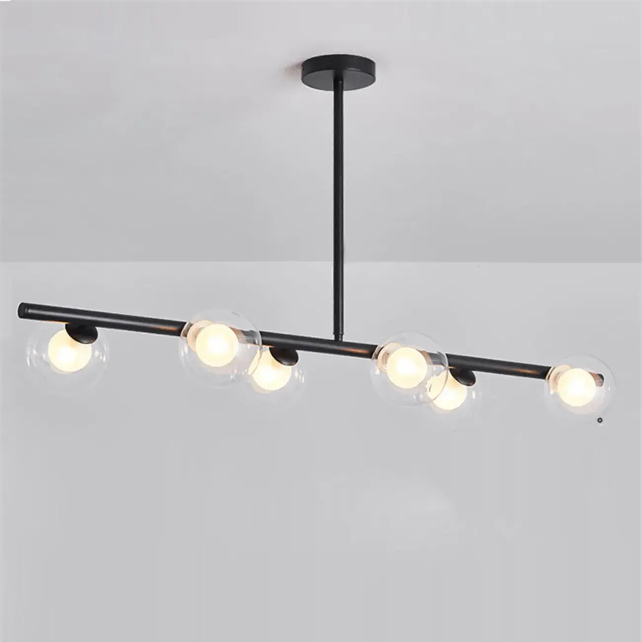 Gold Linear Island Light with 6 Lights Transparent Glass Globe Shades