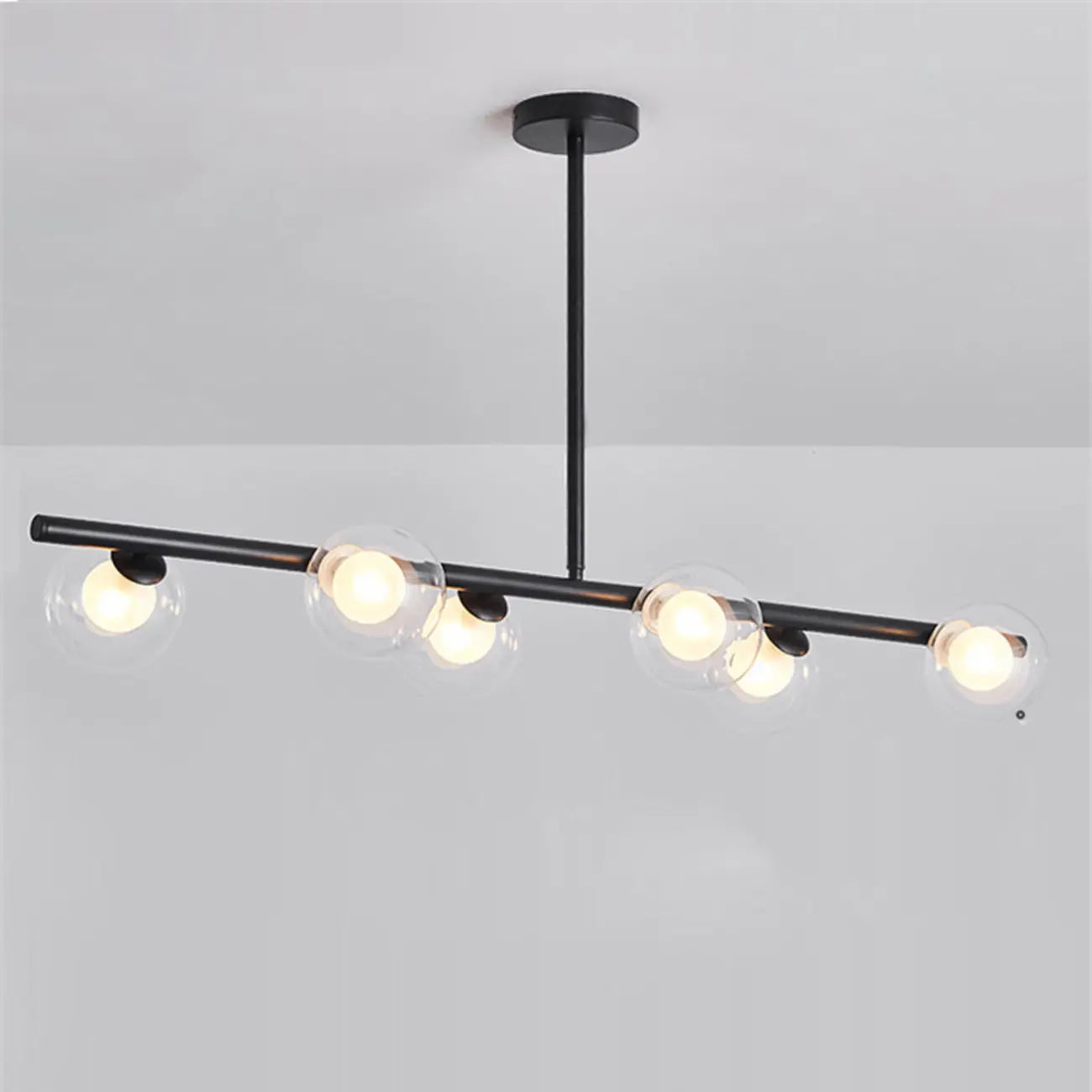 Gold Linear Island Light with 6 Lights Transparent Glass Globe Shades