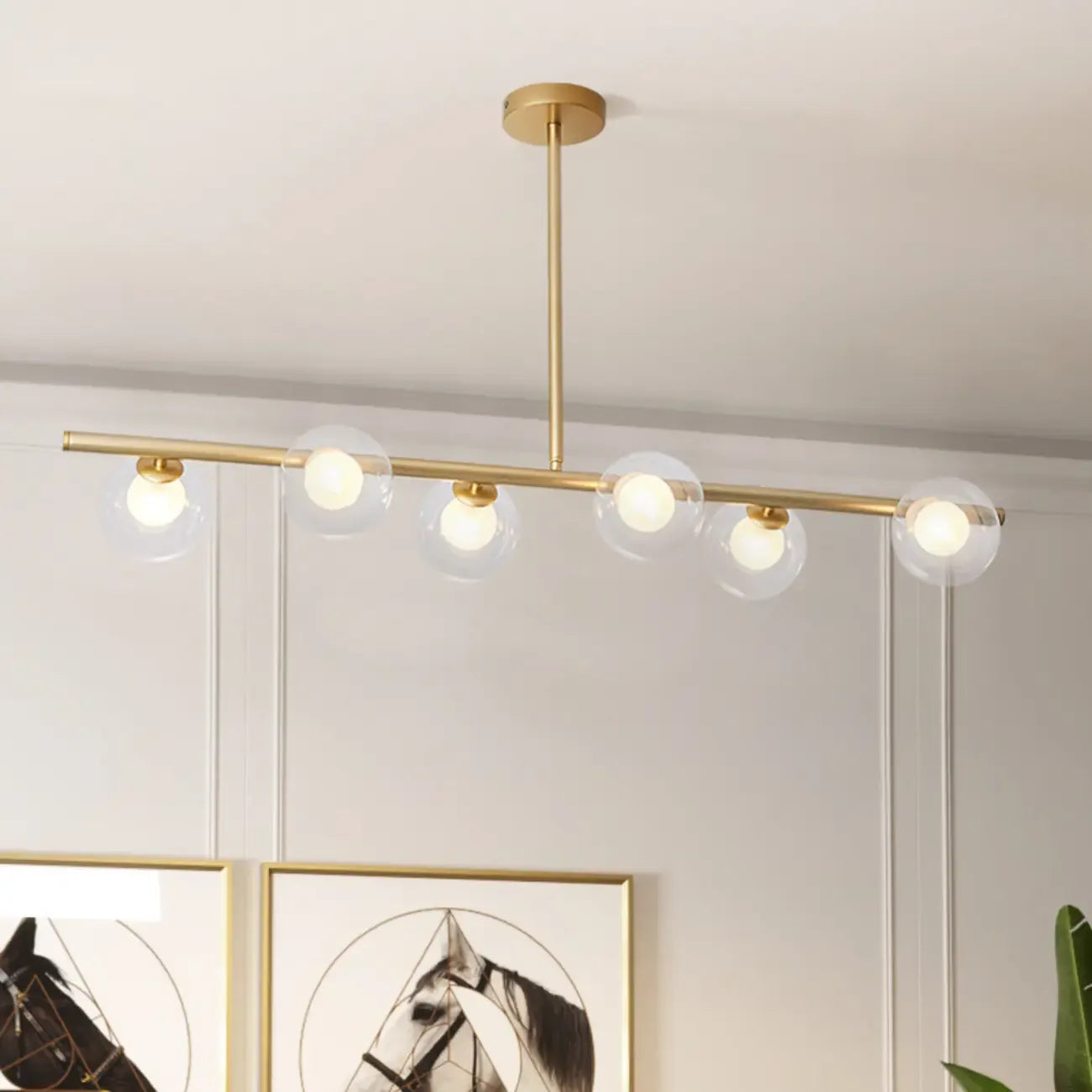 Gold Linear Island Light with 6 Lights Transparent Glass Globe Shades