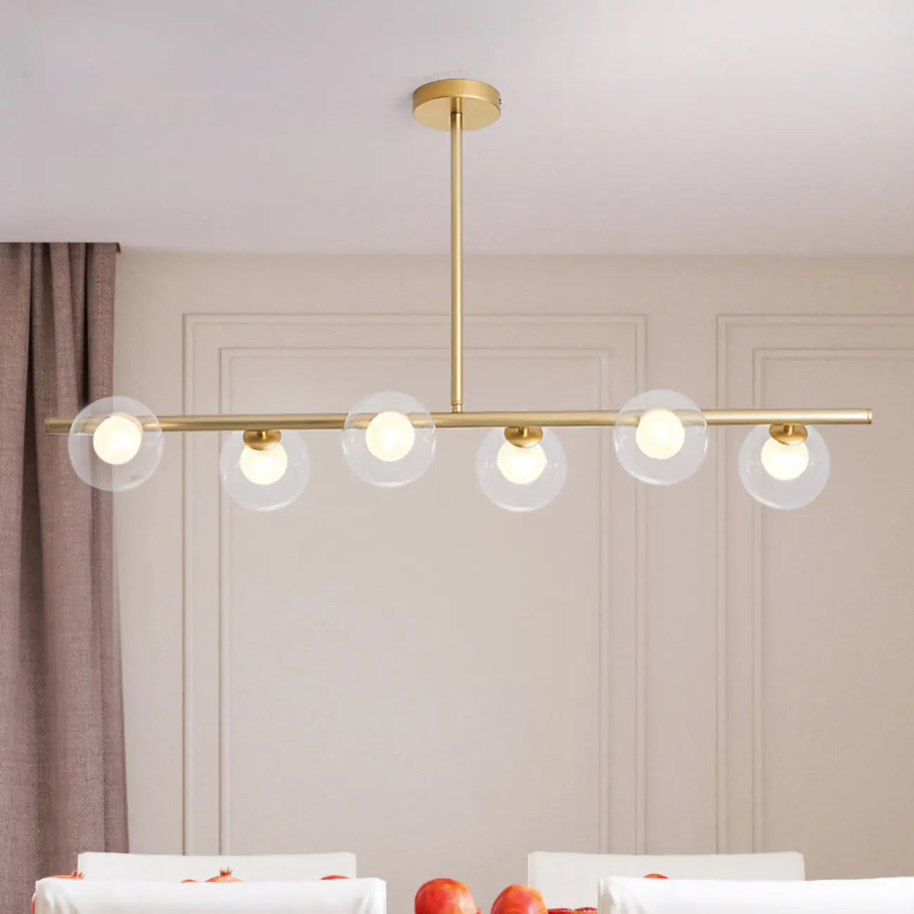Gold Linear Island Light with 6 Lights Transparent Glass Globe Shades