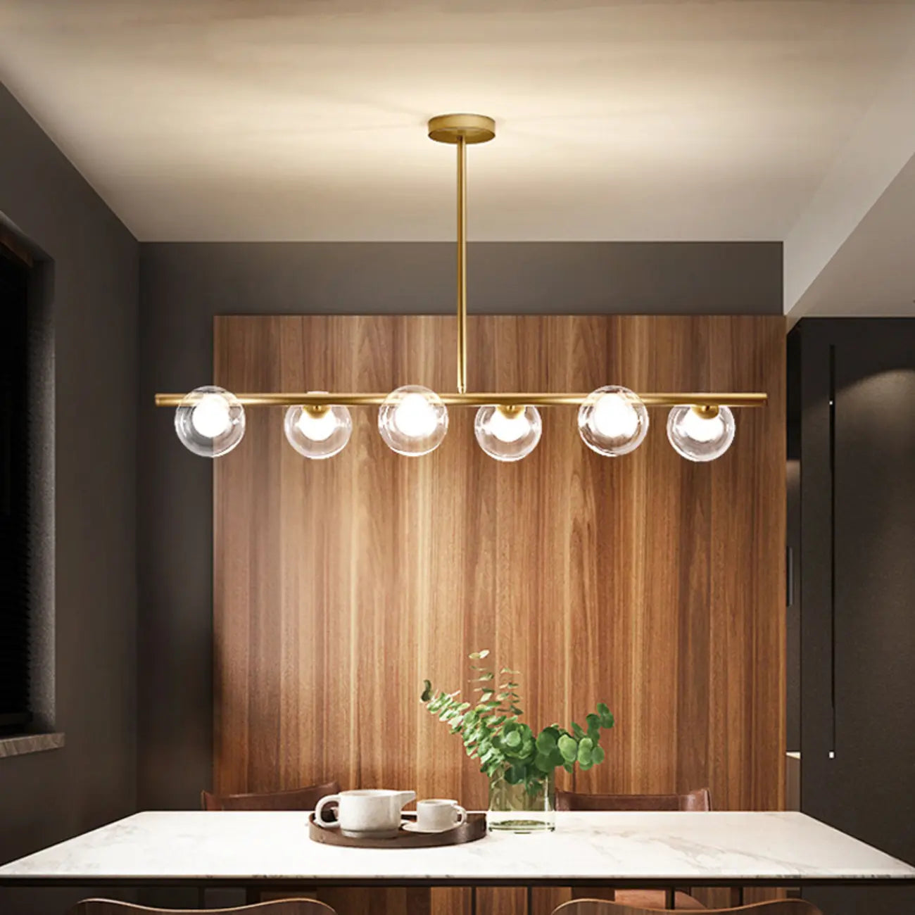 Gold Linear Island Light with 6 Lights Transparent Glass Globe Shades