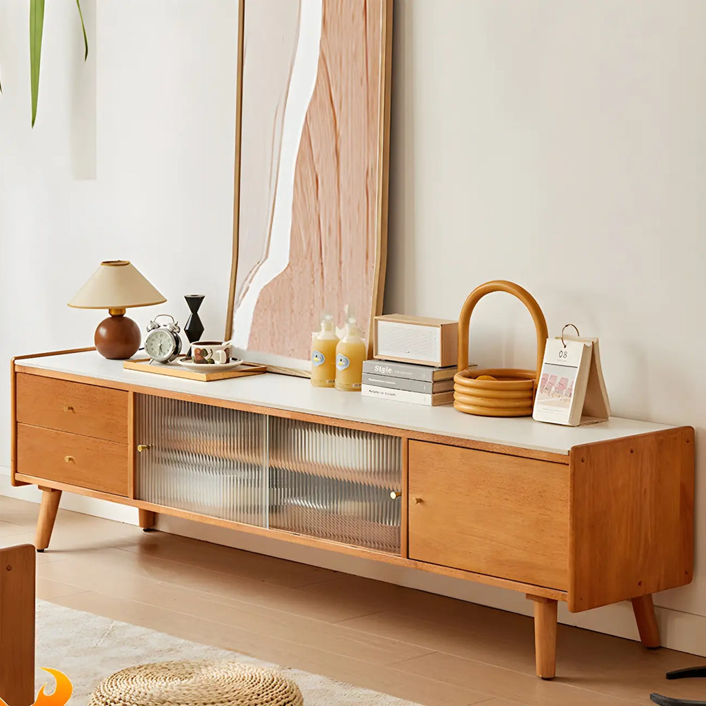 Scandinavian Cherry Wood Open Shelf TV Stand with Legs