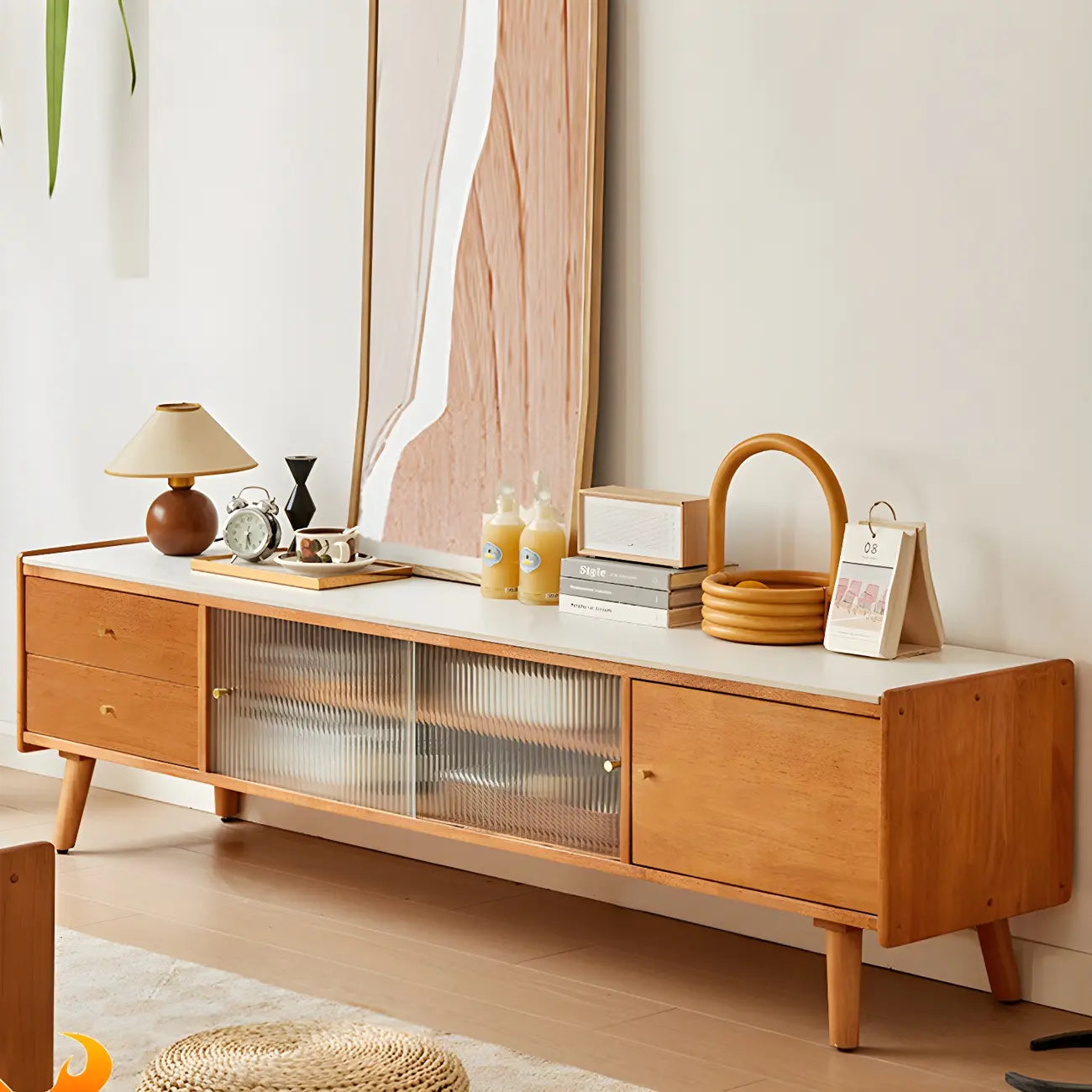 Scandinavian Cherry Wood Open Shelf TV Stand with Legs