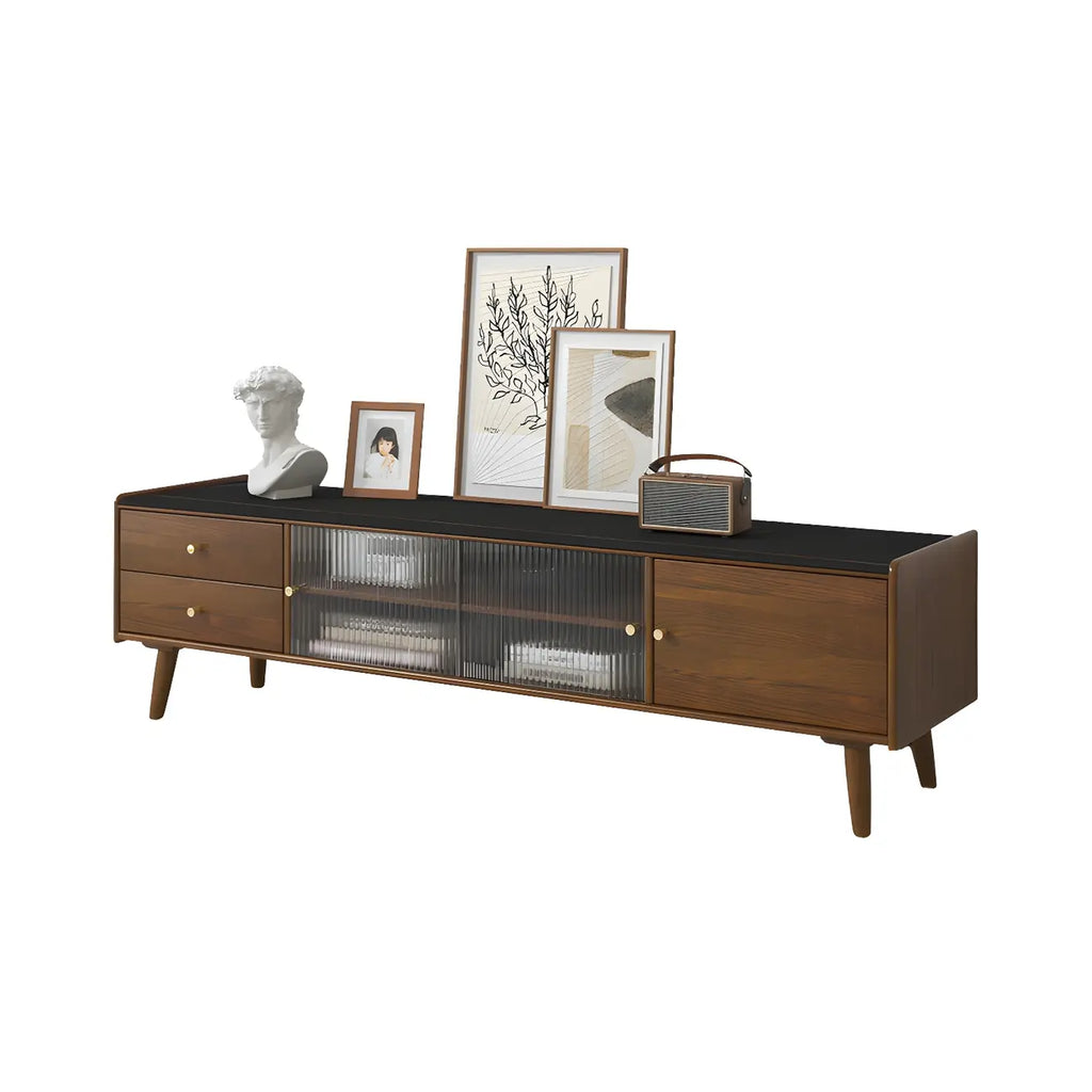 Scandinavian Cherry Wood Open Shelf TV Stand with Legs