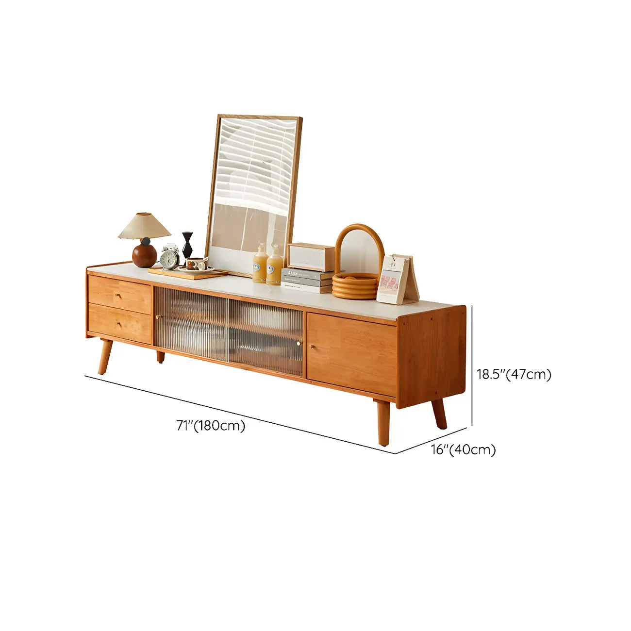Scandinavian Cherry Wood Open Shelf TV Stand with Legs