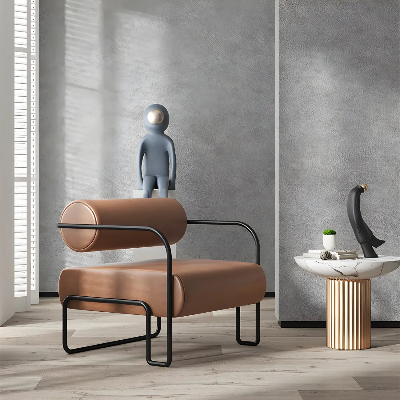 Industrial Leather/Velvet Accent Chair with Metal Frame