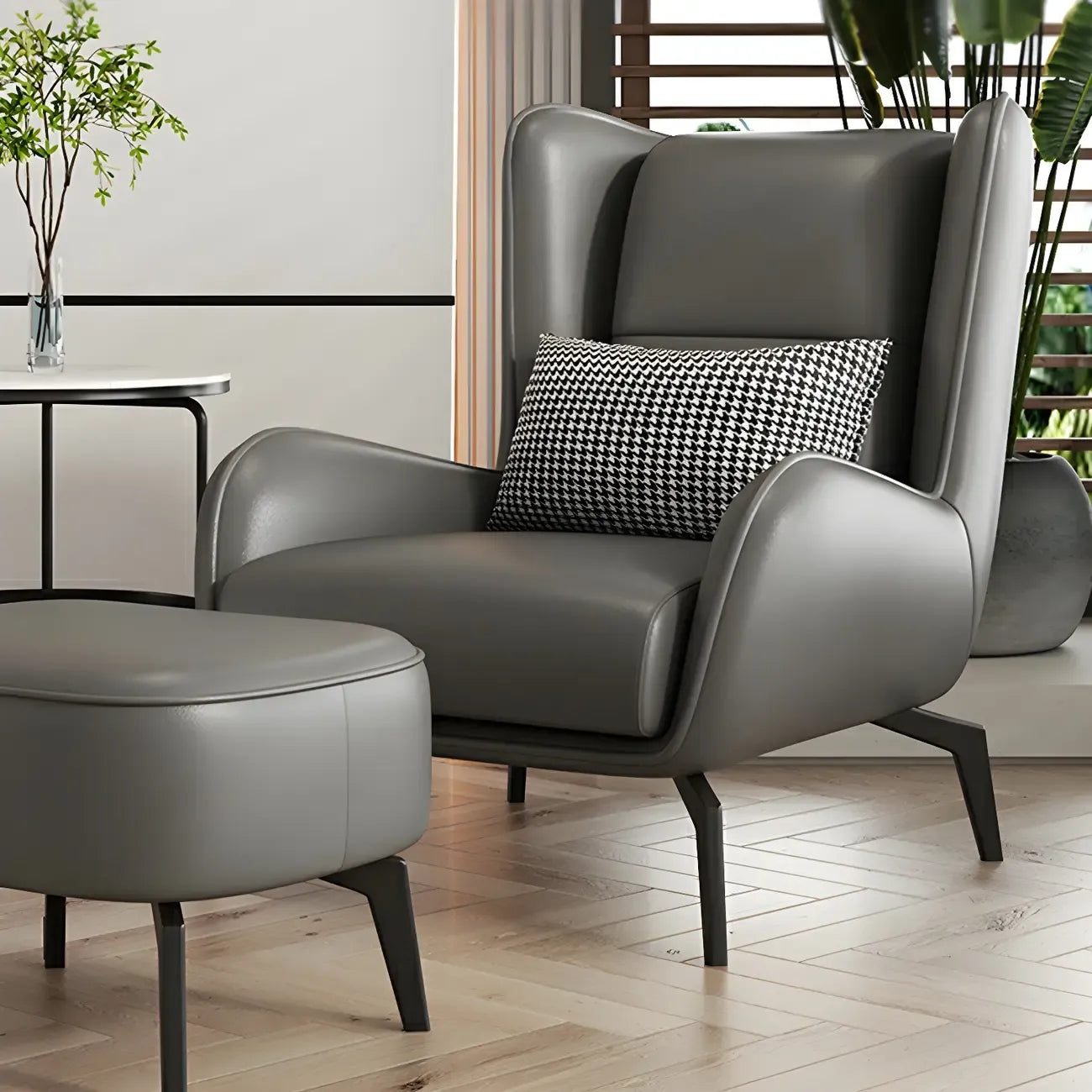 Modern Beige Leather Accent Chair with One Pillow
