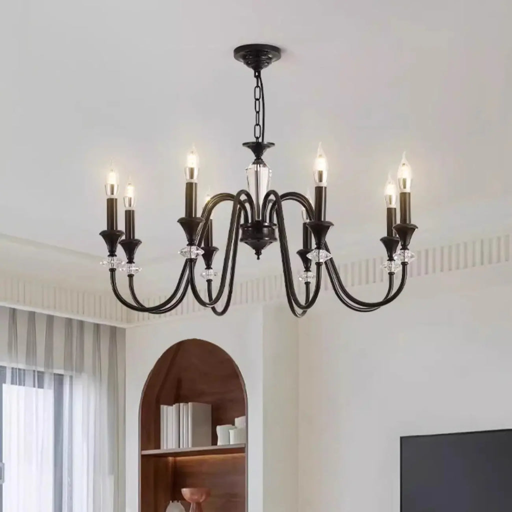 Vintage Black Metal Candlestick Crystal Chandelier