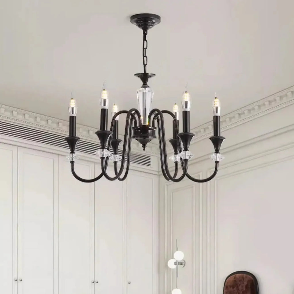 Vintage Black Metal Candlestick Crystal Chandelier