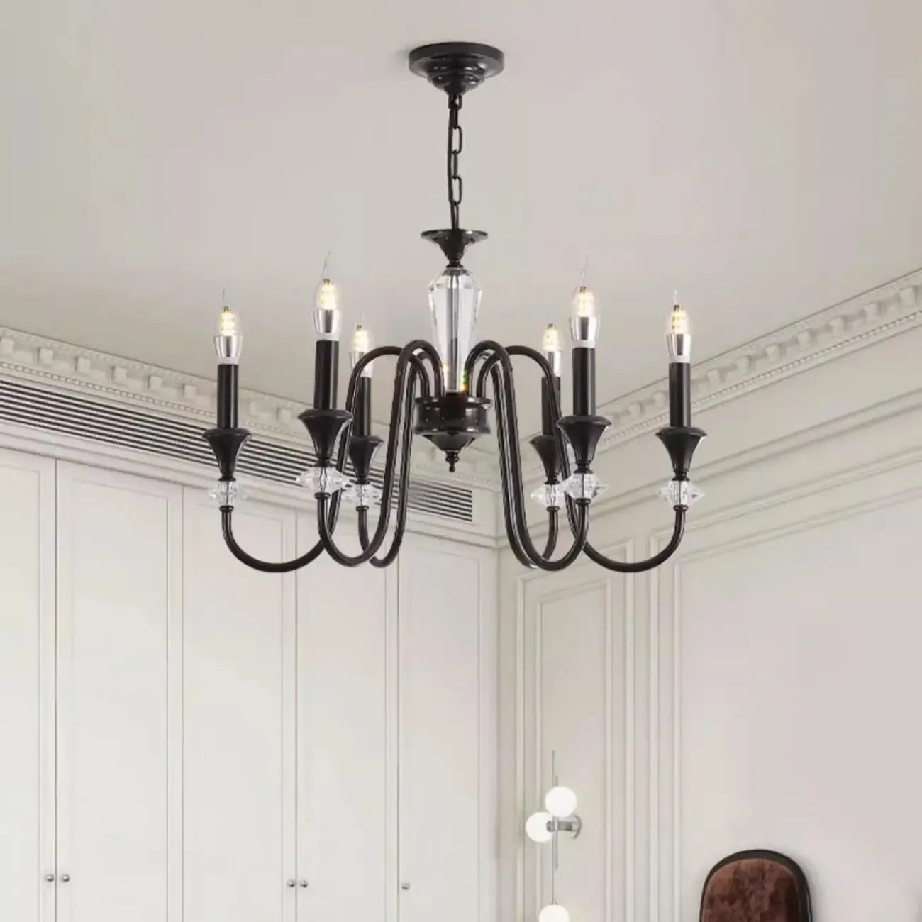 Vintage Black Metal Candlestick Crystal Chandelier