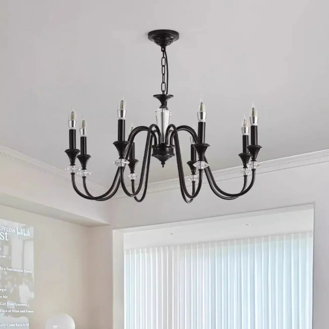 Vintage Black Metal Candlestick Crystal Chandelier