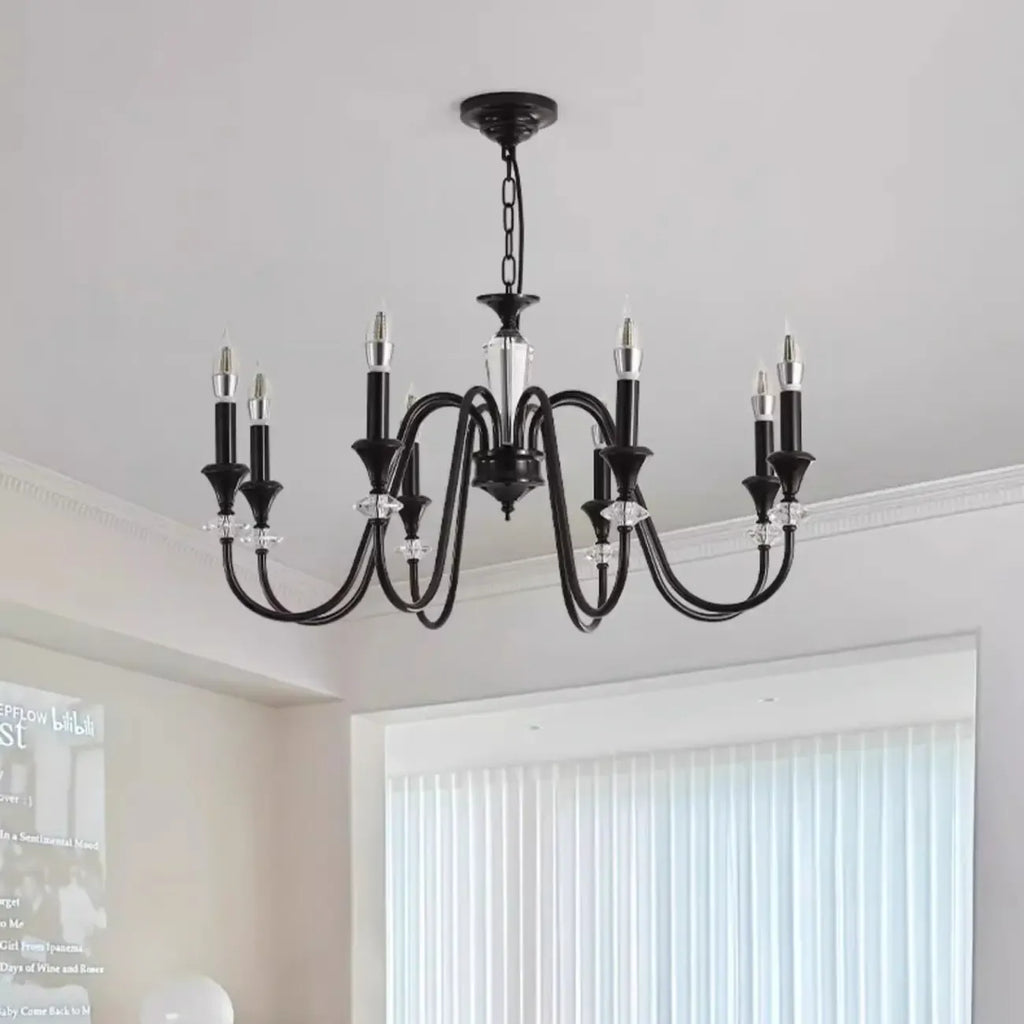 Vintage Black Metal Candlestick Crystal Chandelier