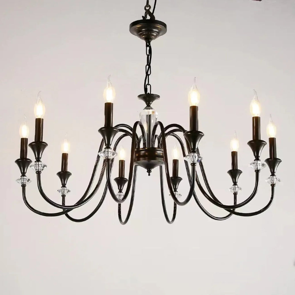 Vintage Black Metal Candlestick Crystal Chandelier