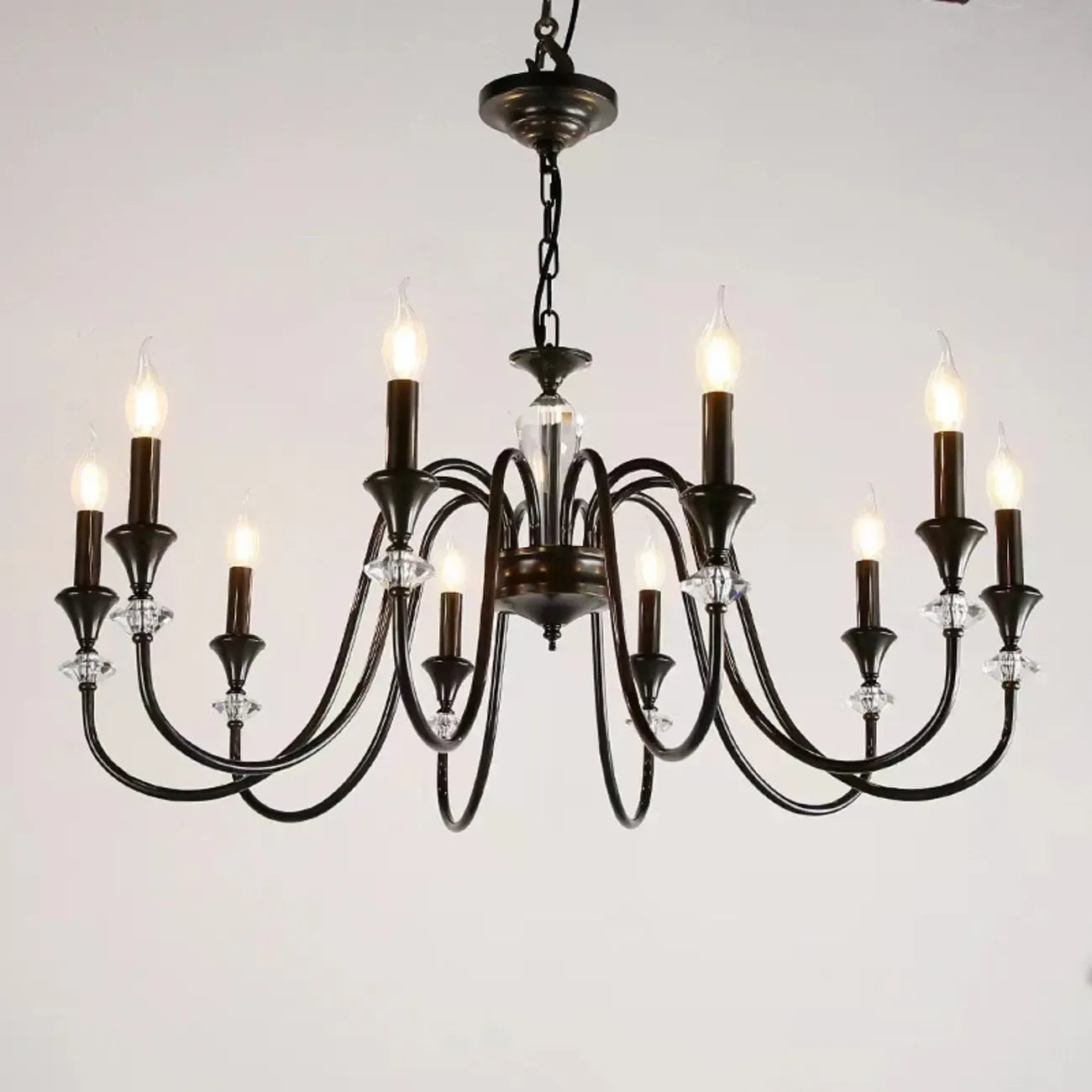 Vintage Black Metal Candlestick Crystal Chandelier